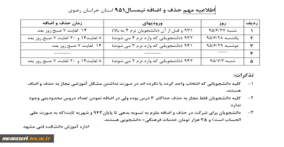 اطلاعیه مهم حذف و اضافه نیمسال951 استان خراسان رضوی 2