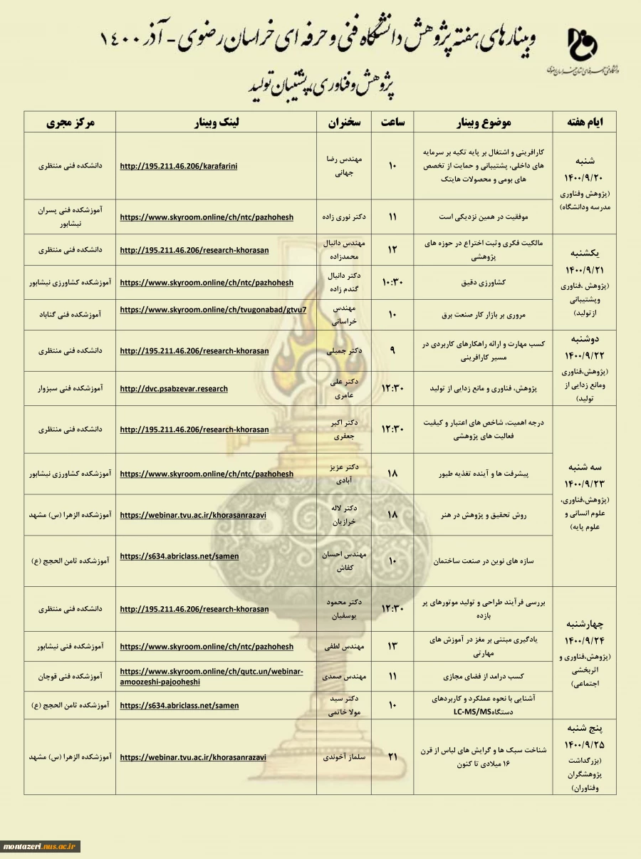 برنامه های هفتنه پژوهش دانشکده منتظری به شرح ذیل برگزار می شود : 4