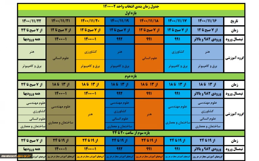 جدول زمانبندی انتخاب واحد نیمسال دوم سال تحصیلی 1401-1400