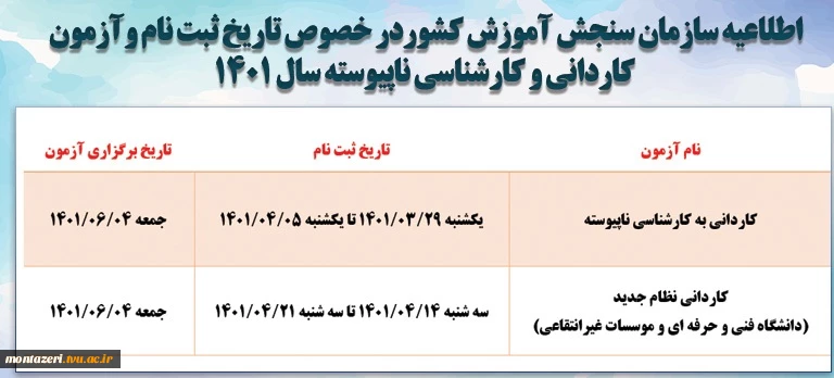 اطلاعیه سازمان سنجش آموزش کشور در خصوص ثبت نام و آزمون کاردانی و کارشناسی ناپیوسته سال 1401