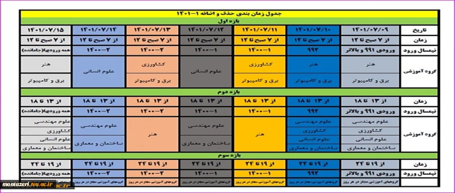 جدول زمان بندی حذف و اضافه نیمسال اول  1402-1401 2